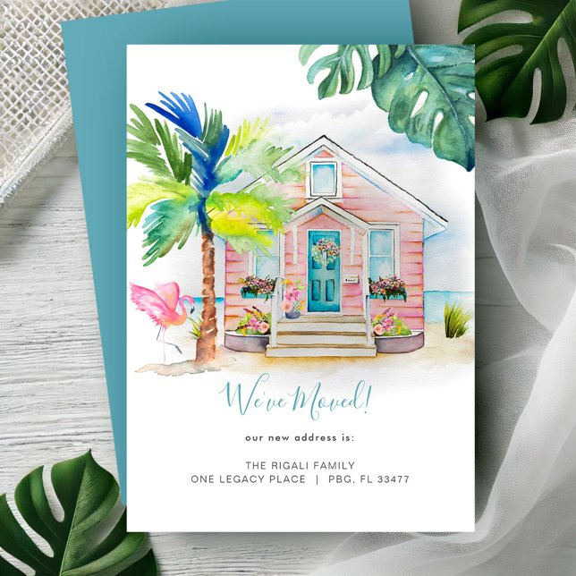 Invitación Trópica de Acuarela (New address cards watercolor beach house, pink flamingo & palm tree art by Victoria Grigaliunas)