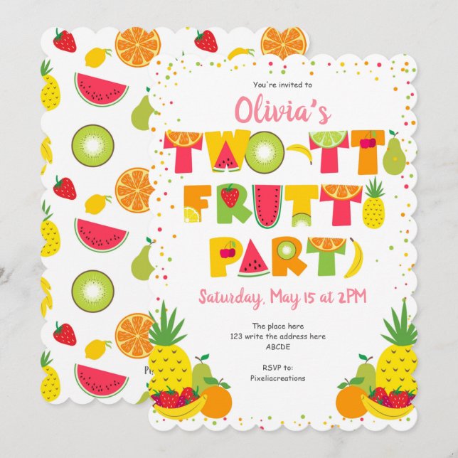Invitación Tropica, Tutti Frutti, Verano, Chica 2 (Anverso / Reverso)