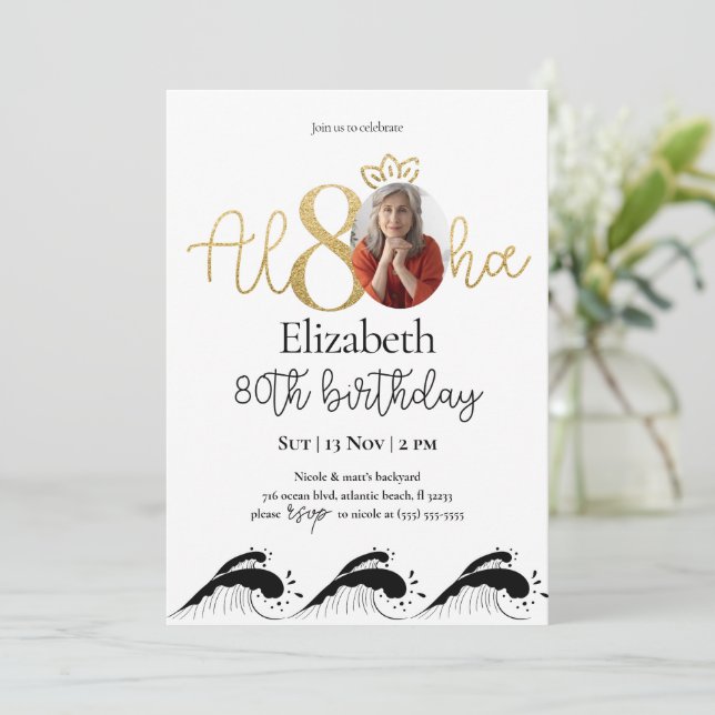 Invitación tropical 80º cumpleaños de oro con foto (Anverso de pie)