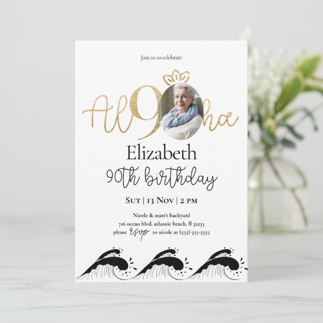 Invitación tropical 90 a cumpleaños de oro con fot (Anverso de pie)