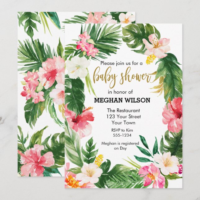 Invitación tropical a Baby Shower (Anverso / Reverso)