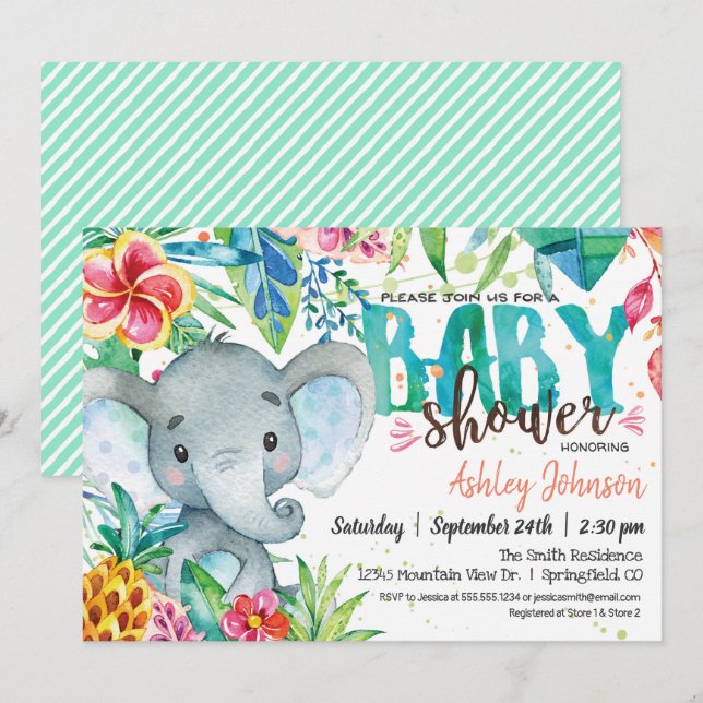 Invitación tropical a Baby Shower, elefante