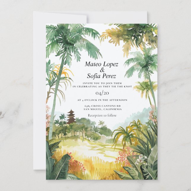 Invitación tropical a la boda de Bali (Anverso)