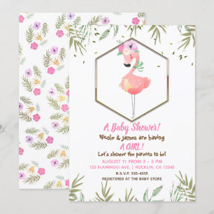 Invitación Tropical Aguada de Acuarela Flamenco Rosa Baby Sho