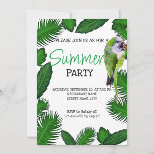 Invitación tropical al loro verde y hojas de palma