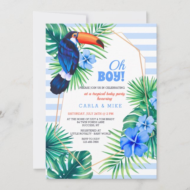 Invitación tropical azul de Baby Shower (Anverso)