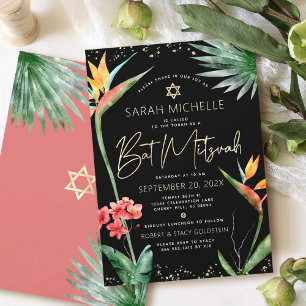 Invitación Tropical Bat Mitzvah Negro Oro Floral Acuarela
