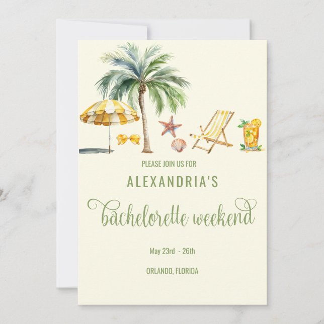 Invitación Tropical Beach Bach Weekend Itinerario y (Anverso)