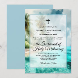 Invitación Tropical Beach Coastal Watercolor Catholic Wedding