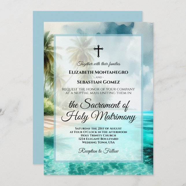 Invitación Tropical Beach Coastal Watercolor Catholic Wedding (Anverso / Reverso)