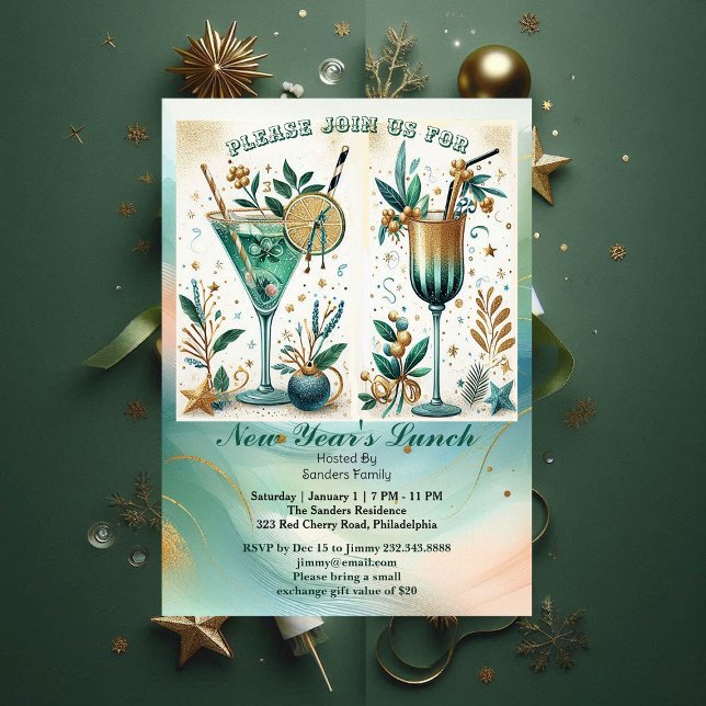 Invitación Tropical Beach Gold Sundowner Coctail Año Nuevo (Tropical Beach Gold Sundowner Cocktail New Year Invitation)