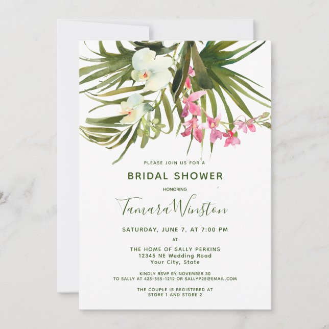 Invitación Tropical Beach Greenery Pink Floral Bridal Shower (Anverso)