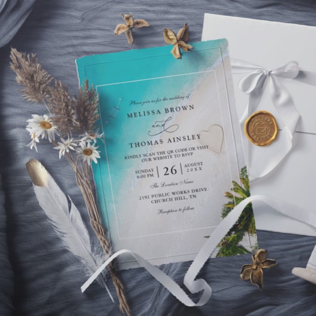 Invitación Tropical Beach Monogram Modern QR Code Wedding (Subido por el creador)