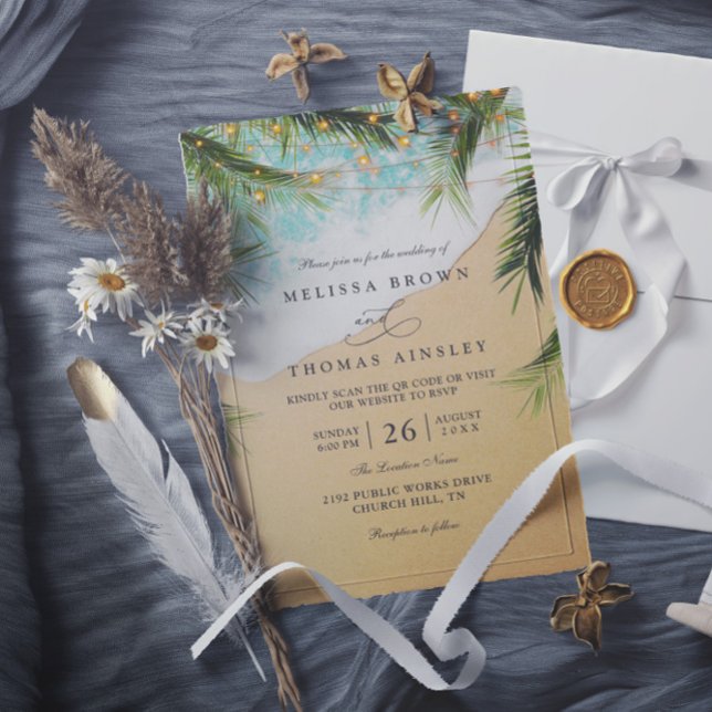 Invitación Tropical Beach Palm Lights Photo QR Code Wedding (Subido por el creador)