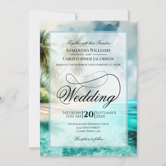 Invitación Tropical Beach Watercolor Fancy Script Wedding (Anverso)