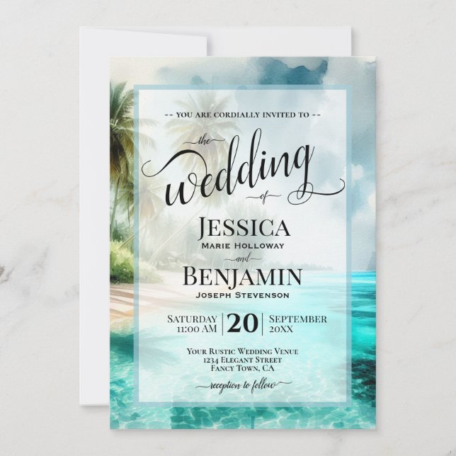 Invitación Tropical Beach Watercolor Stylish Script Wedding (Anverso)