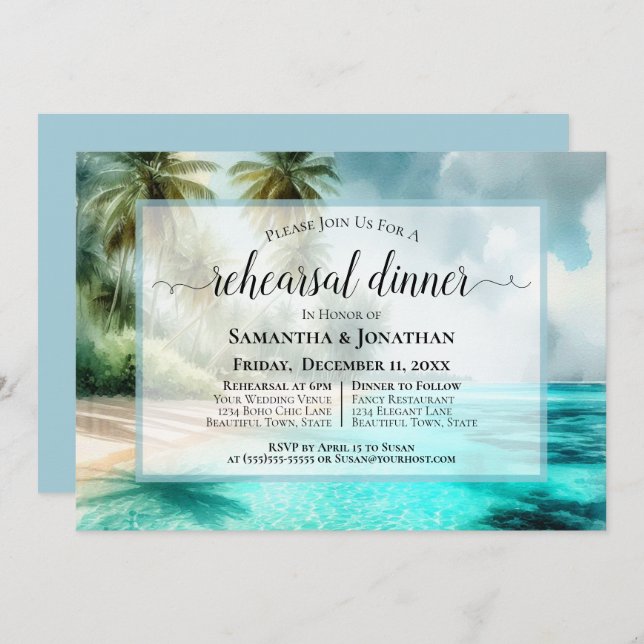 Invitación Tropical Beach Watercolor Wedding Rehearsal Dinner (Anverso / Reverso)