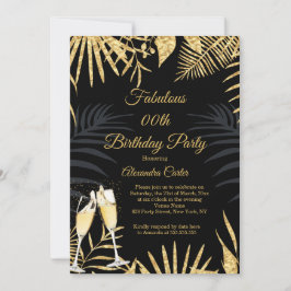 Invitación Tropical Black Gold Palms Champagne Birday Party