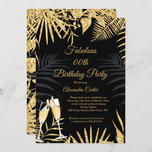 Invitación Tropical Black Gold Palms Champagne Birday Party (Anverso / Reverso)