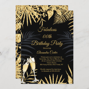 Invitación Tropical Black Gold Palms Champagne Birday Party