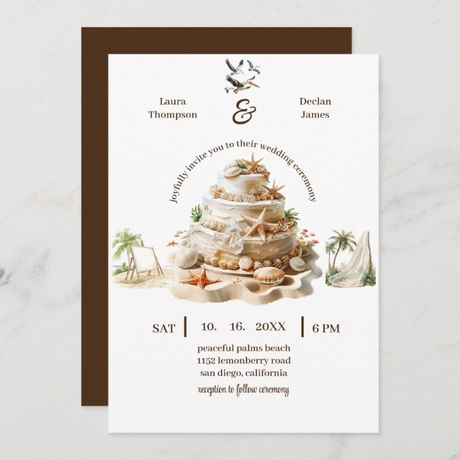 Invitación Tropical Bliss | Pastel de bodas de playa personal (Anverso / Reverso)