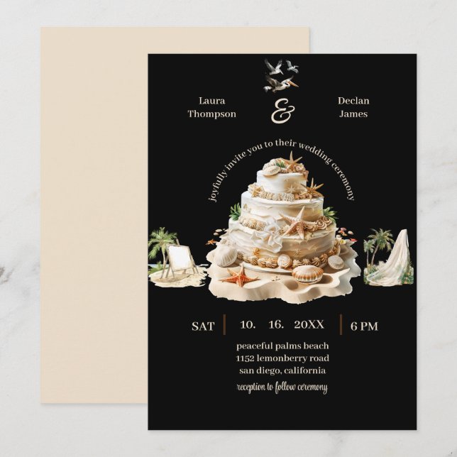 Invitación Tropical Bliss | Pastel de bodas de playa personal (Anverso / Reverso)