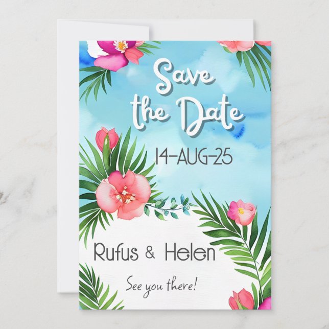 Invitación Tropical Blooms Summer Beach Wedding Save the Date (Anverso)