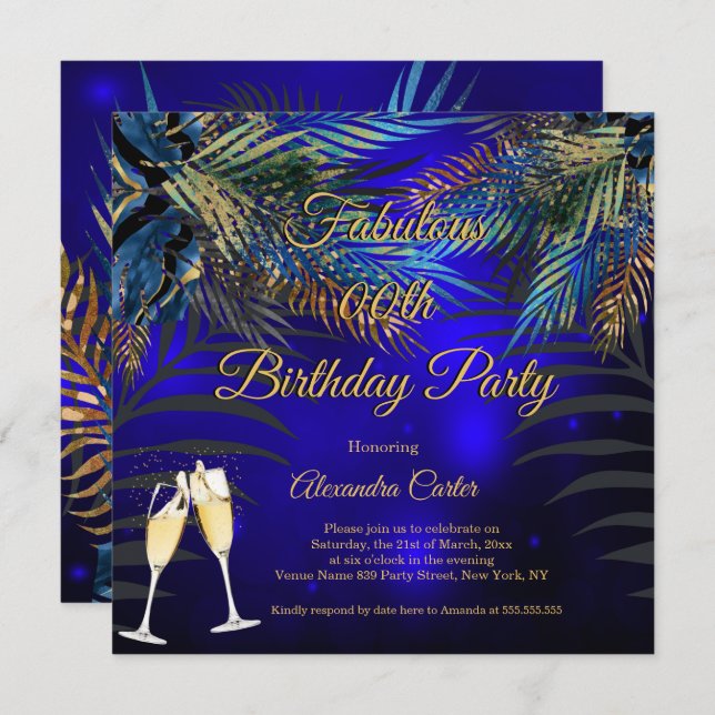 Invitación Tropical Blue Gold Palms Fiesta de cumpleaños de C (Anverso / Reverso)