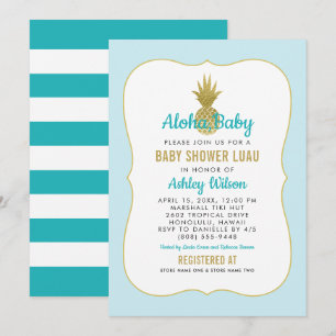 Invitación Tropical Blue Gold Pineapple Baby Boy Shower Luau