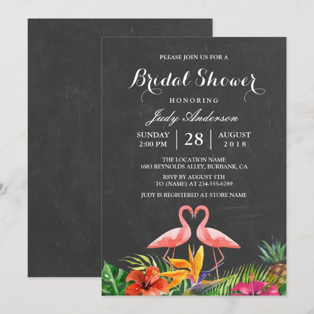 Invitación Tropical Bridal Shower Floral Chalkboard Flamingo (Anverso / Reverso)