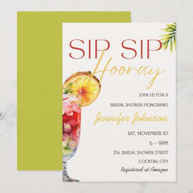 Invitación Tropical Cocktail Sip Hooray Bridal Shower (Anverso / Reverso)