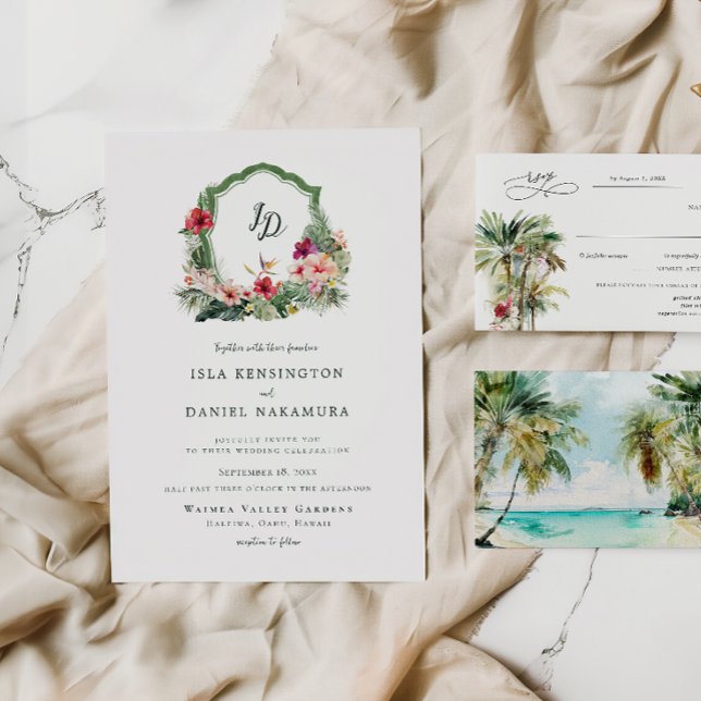 Invitación Tropical Crest Hibiscus Hawaii Destination Wedding (Subido por el creador)