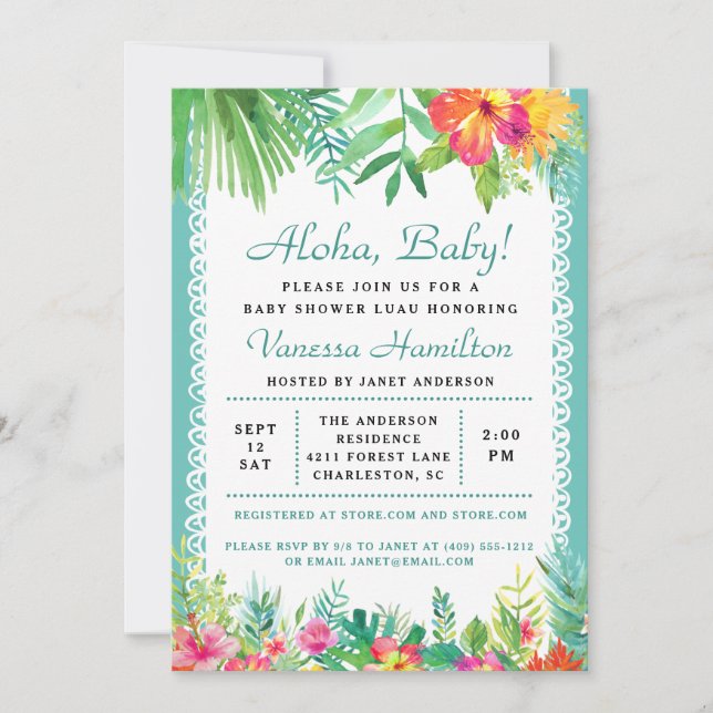Invitación tropical de Aloha Luau Baby Shower Verd (Anverso)