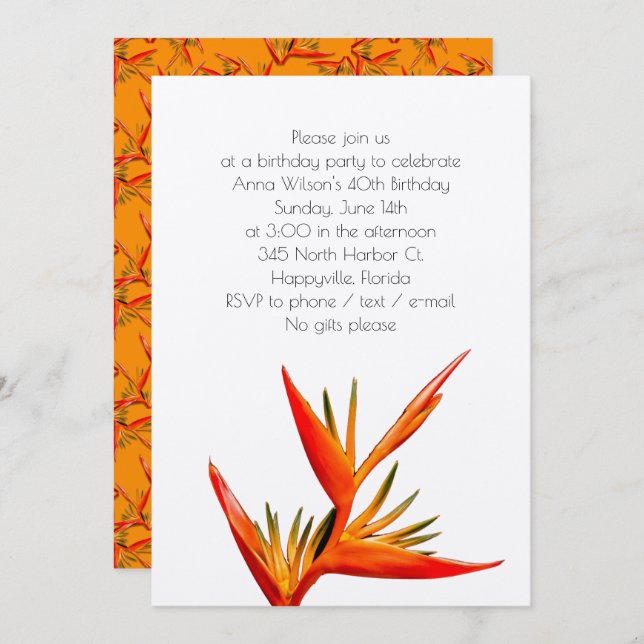 Invitación Tropical de Ave del Paraíso Naranja (Anverso / Reverso)