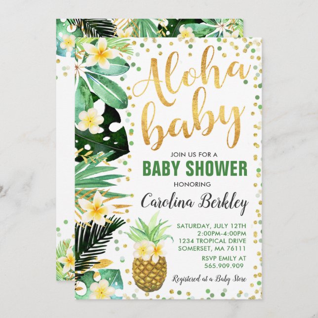 Invitación tropical de Baby Shower de Aloha Baby S (Anverso / Reverso)