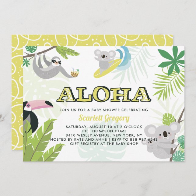 Invitación tropical de Baby Shower de Aloha Koala (Anverso / Reverso)