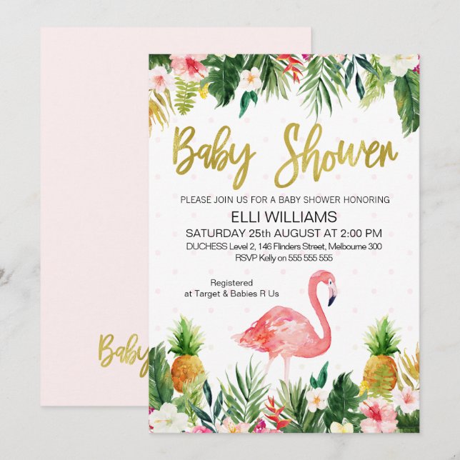 Invitación tropical de Baby Shower del flamenco (Anverso / Reverso)