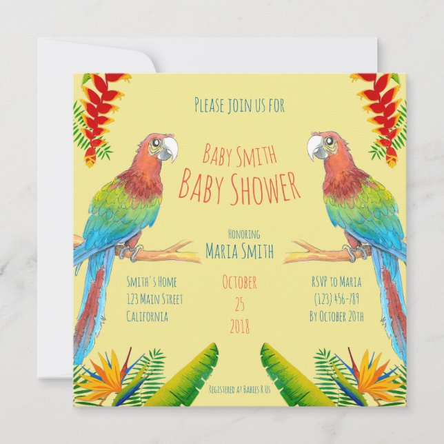Invitación tropical de Baby Shower del loro del (Anverso)