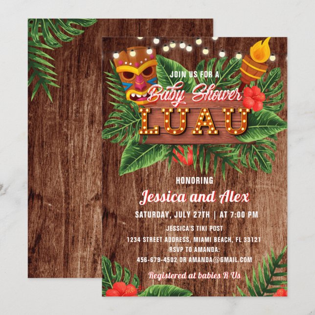 Invitación tropical de Baby Shower Luau (Anverso / Reverso)