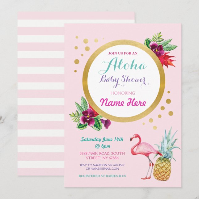 Invitación tropical de Flamingo Baby Shower Aloha (Anverso / Reverso)