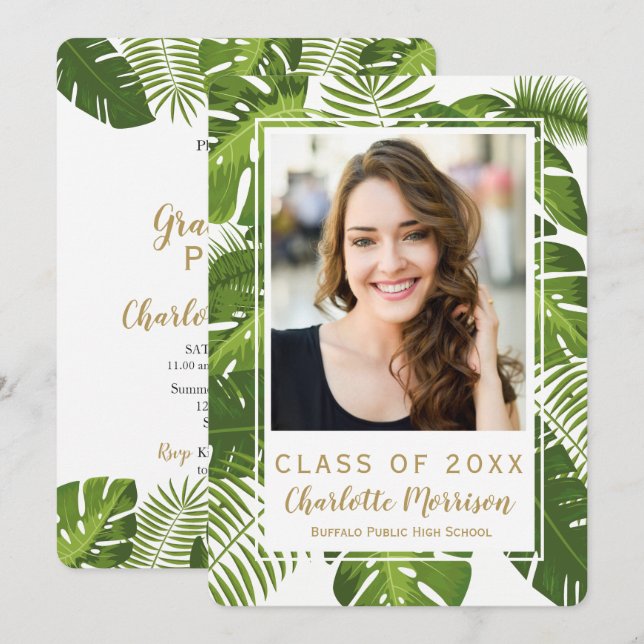 Invitación tropical de la foto del oro verde de la (Anverso / Reverso)