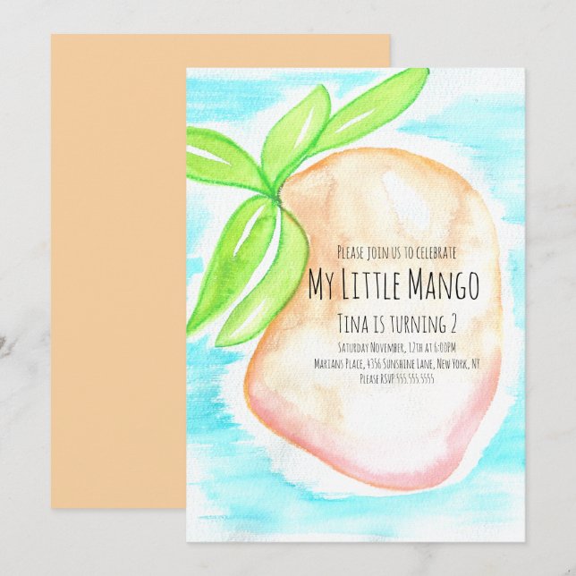 Invitación tropical de mango pintada a mano con ac (Anverso / Reverso)
