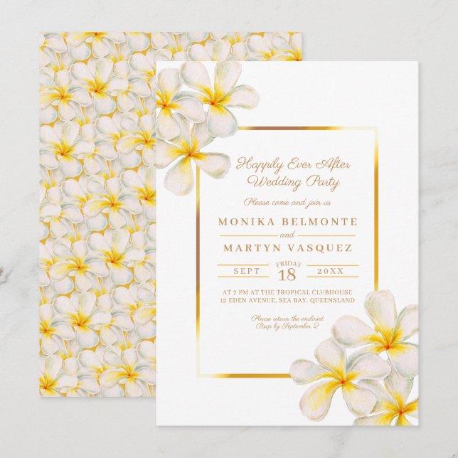 Invitación Tropical de oro de Frangipani tras boda fiesta (Anverso / Reverso)