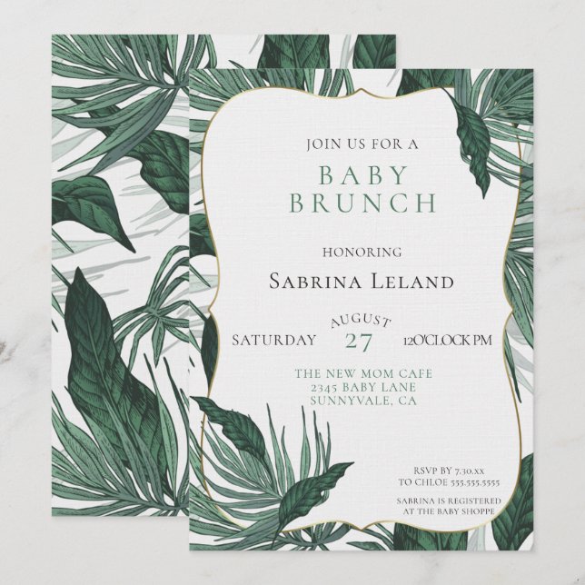 Invitación Tropical deja Baby Shower Brunch Green (Anverso / Reverso)