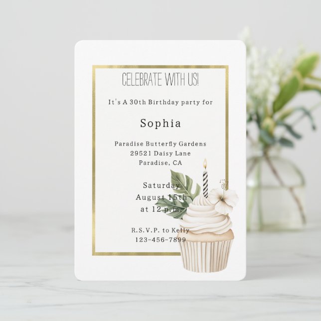 Invitación Tropical Deja Flor De Hibisco Cupcake Cumpleaños (Anverso de pie)