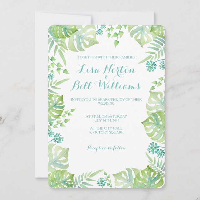 Invitación tropical del boda de la acuarela de las (Anverso)