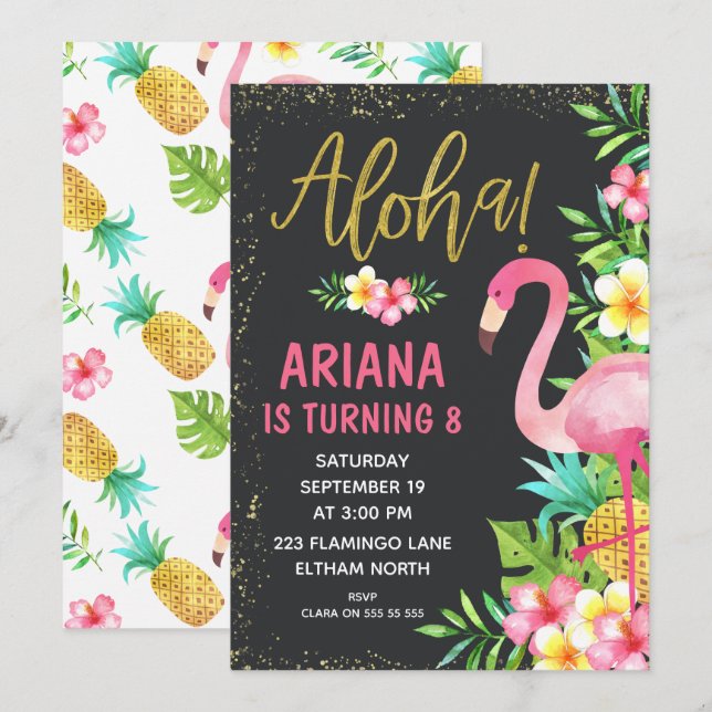 Invitación tropical del cumpleaños del flamenco de (Anverso / Reverso)