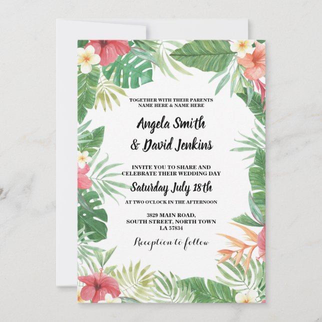 Invitación tropical del hibisco de la boda de la (Anverso)