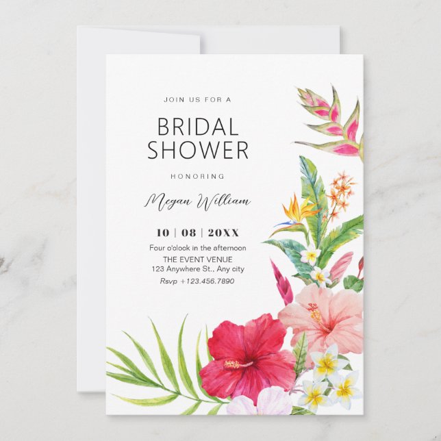Invitación Tropical floral bridal shower (Anverso)