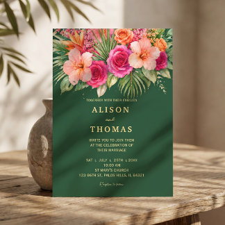 Invitación Tropical Floral Colorido | Hibisco y Follaje